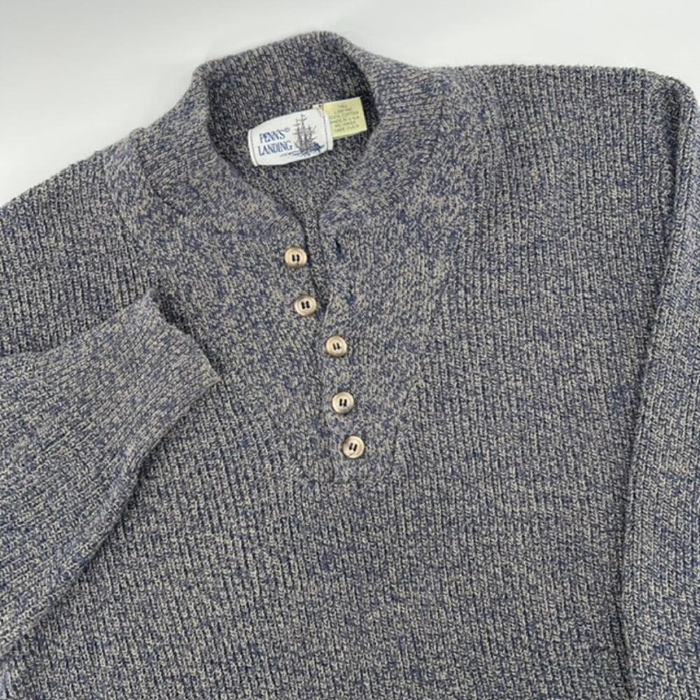 VTG Penn's Landing Henley Pullover Sweater Mens LT Blue Cream 90s Dad GrandpaUSA